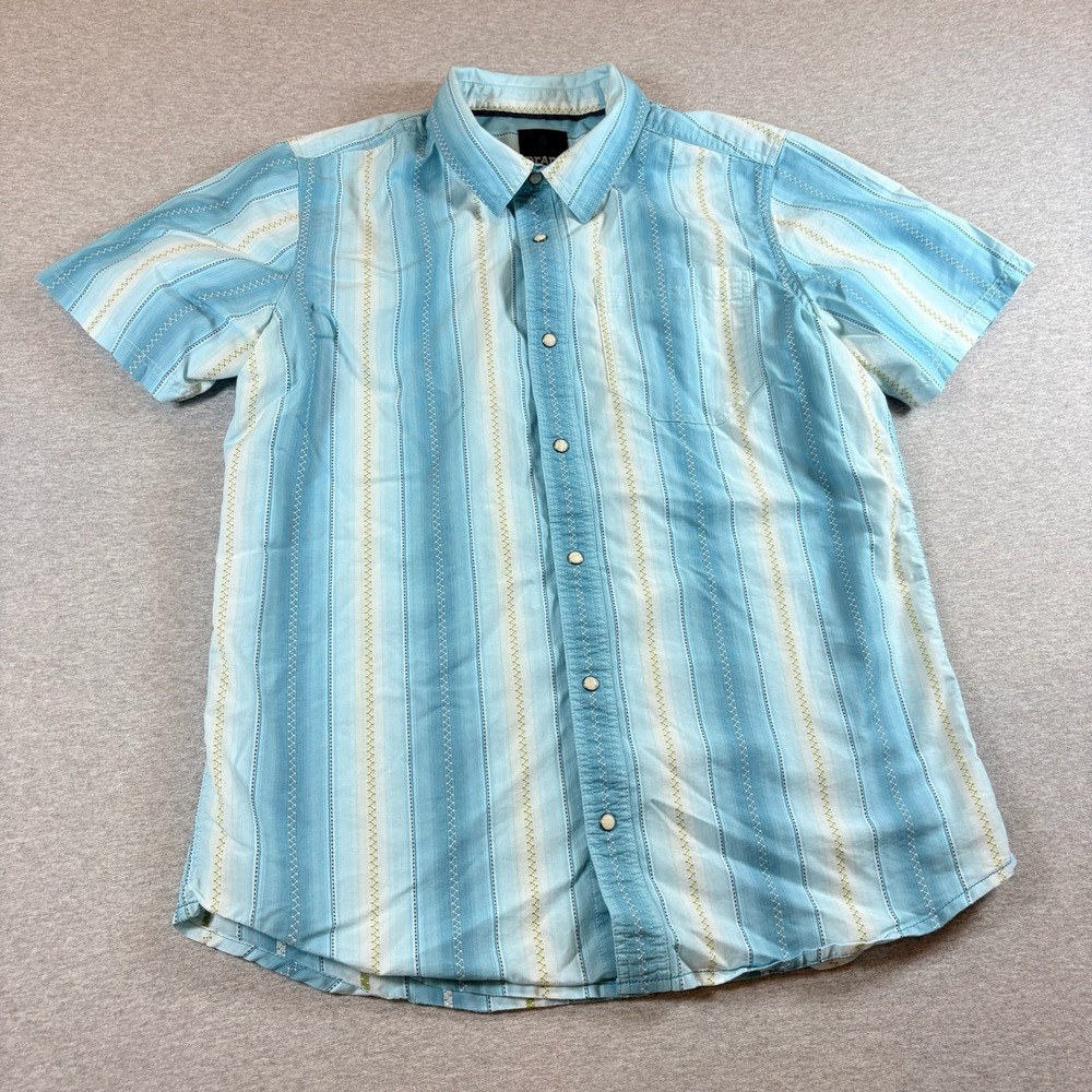 Prana Button Down Shirt Mens Large Blue Striped Short Sleeve Pearl Snap Cotton